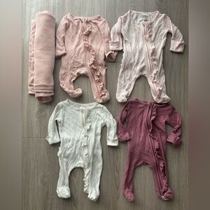 Caden Lane Ruffled waffle NB Footies Set - White Pink, Cream, and Purple+Swaddle